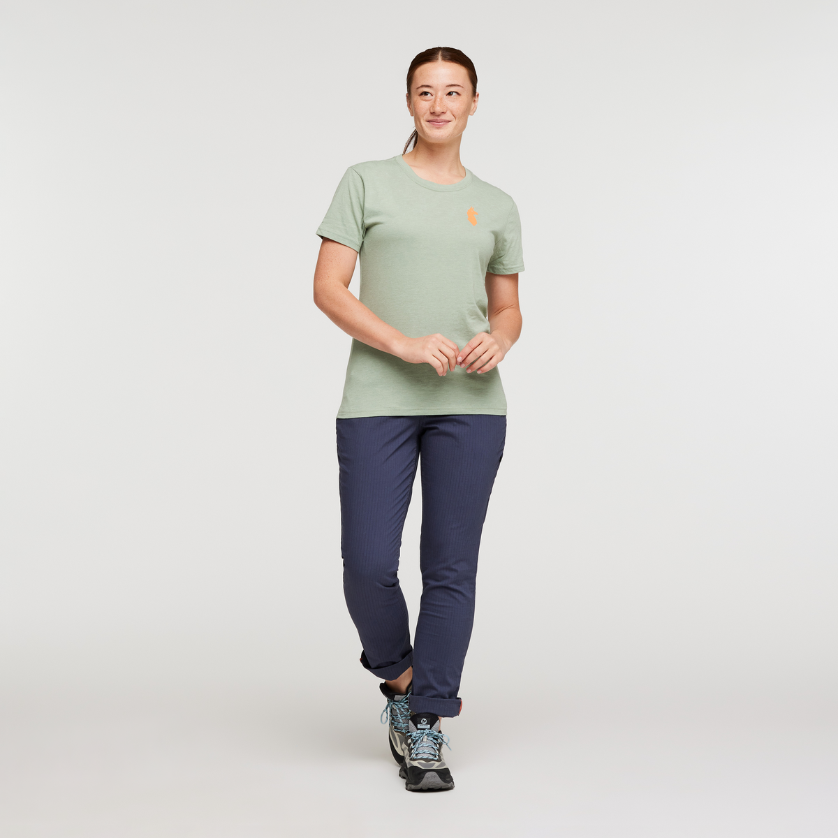 Happy Day Organic T-Shirt - Women's, Silver Leaf, Model Aya