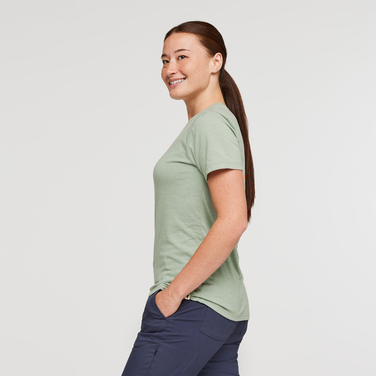 Happy Day Organic T-Shirt - Women's, Silver Leaf, Model Aya