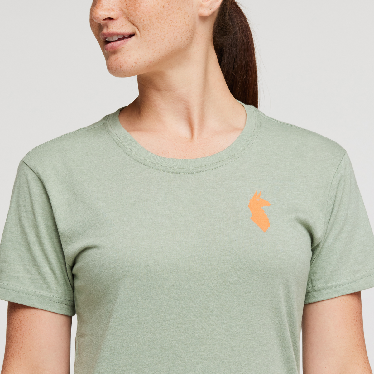 Happy Day Organic T-Shirt - Women's, Silver Leaf, Model Aya